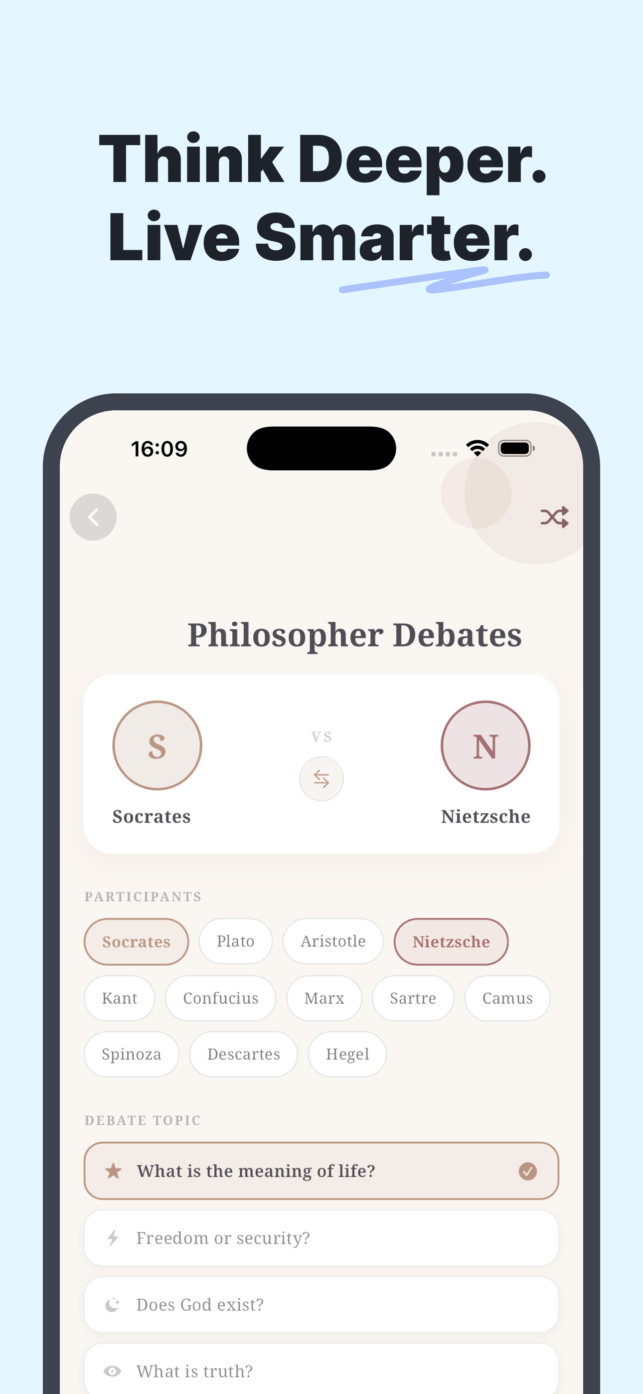 Philosophia philosopher debates screen with Socrates and Nietzsche