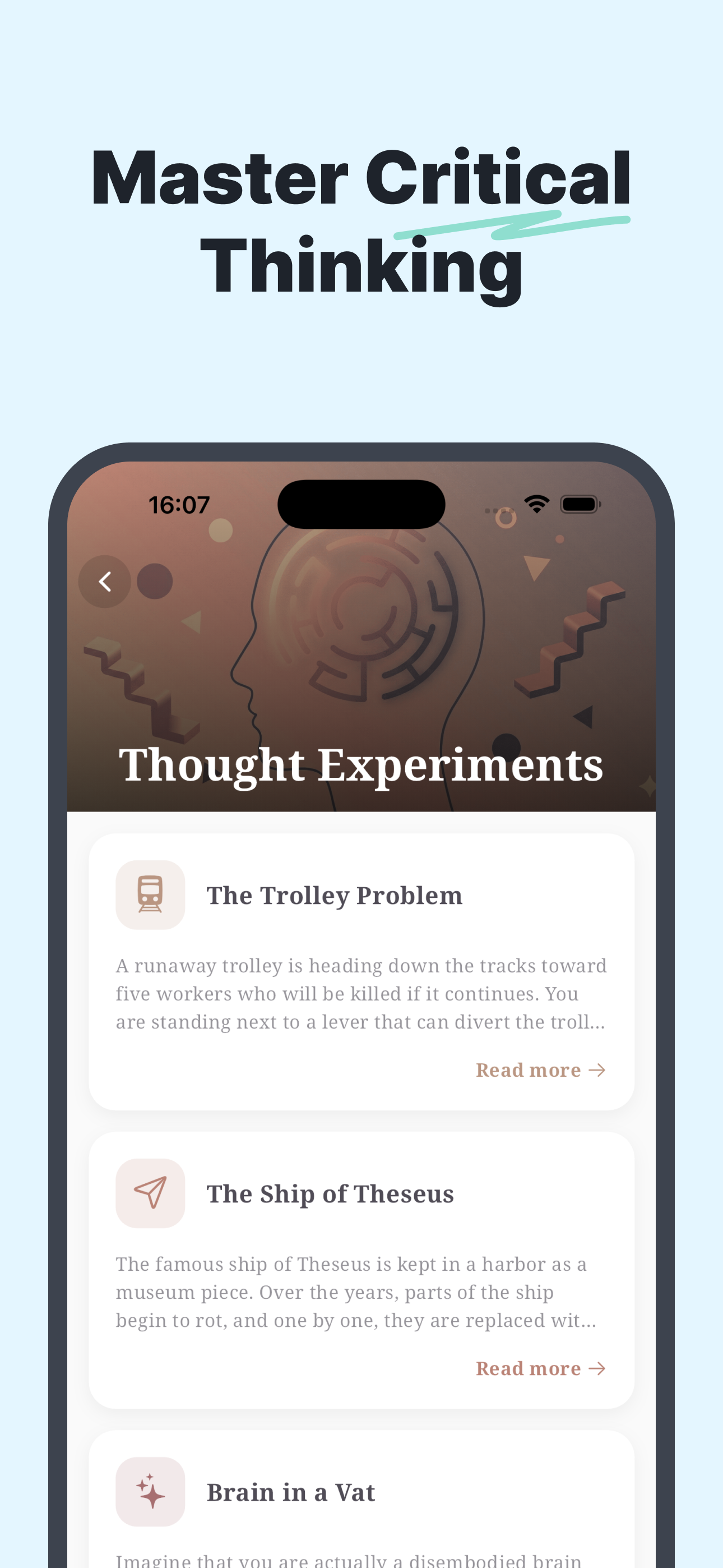 Thought experiments including the trolley problem and ship of Theseus
