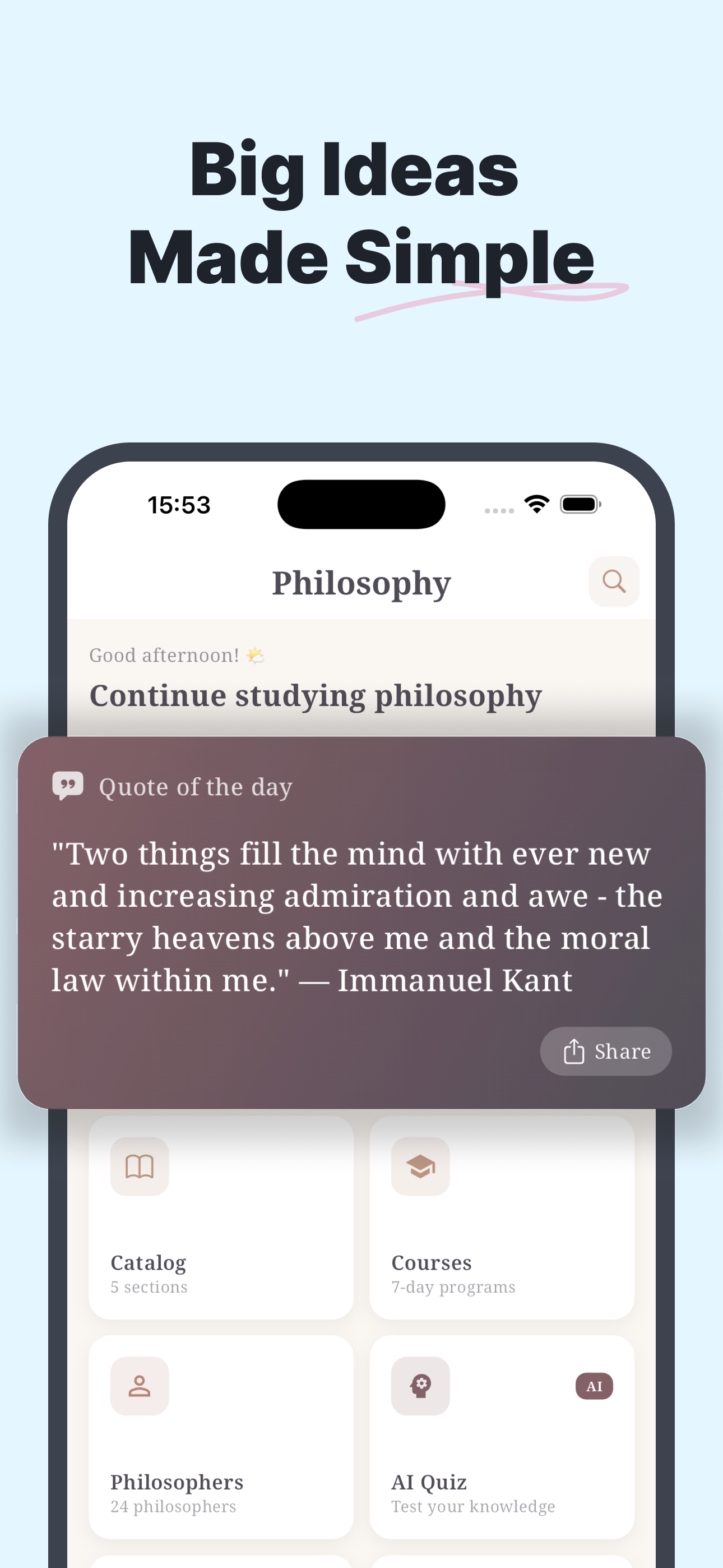 Home screen with quote of the day and learning sections