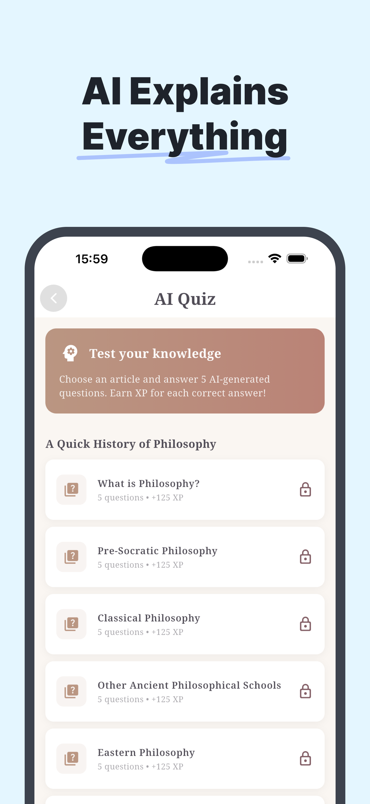 AI quiz showing philosophy questions and lessons